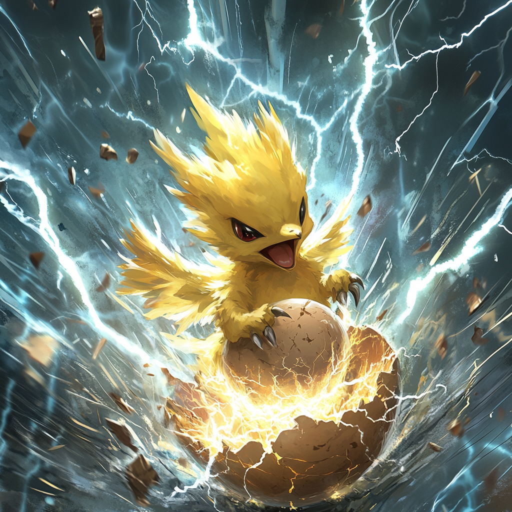 Chibi-style Zapdos emerging from cracked egg surrounded by storm