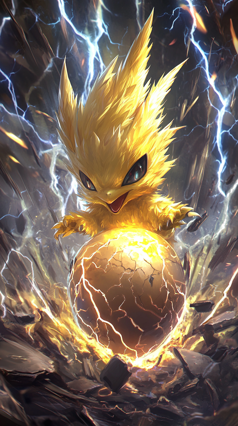 Chibi-style Zapdos hatching from lightning-charged egg in storm.