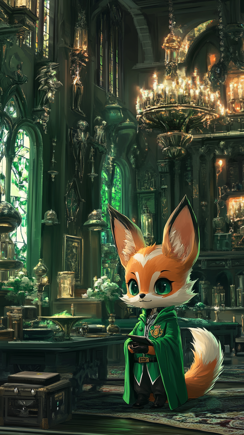 Chibi-style animal in Slytherin robe, lounging confidently.