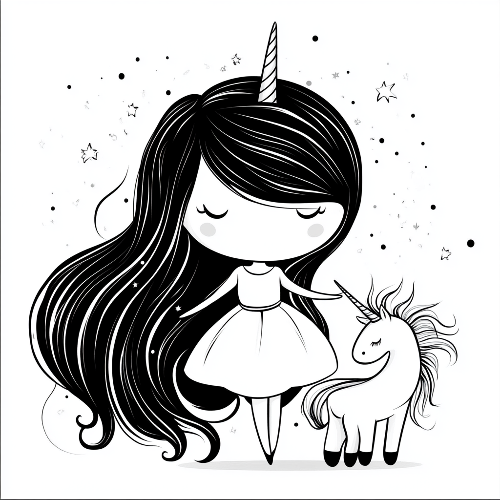 Chibi style drawing of happy woman dancer and unicorn.