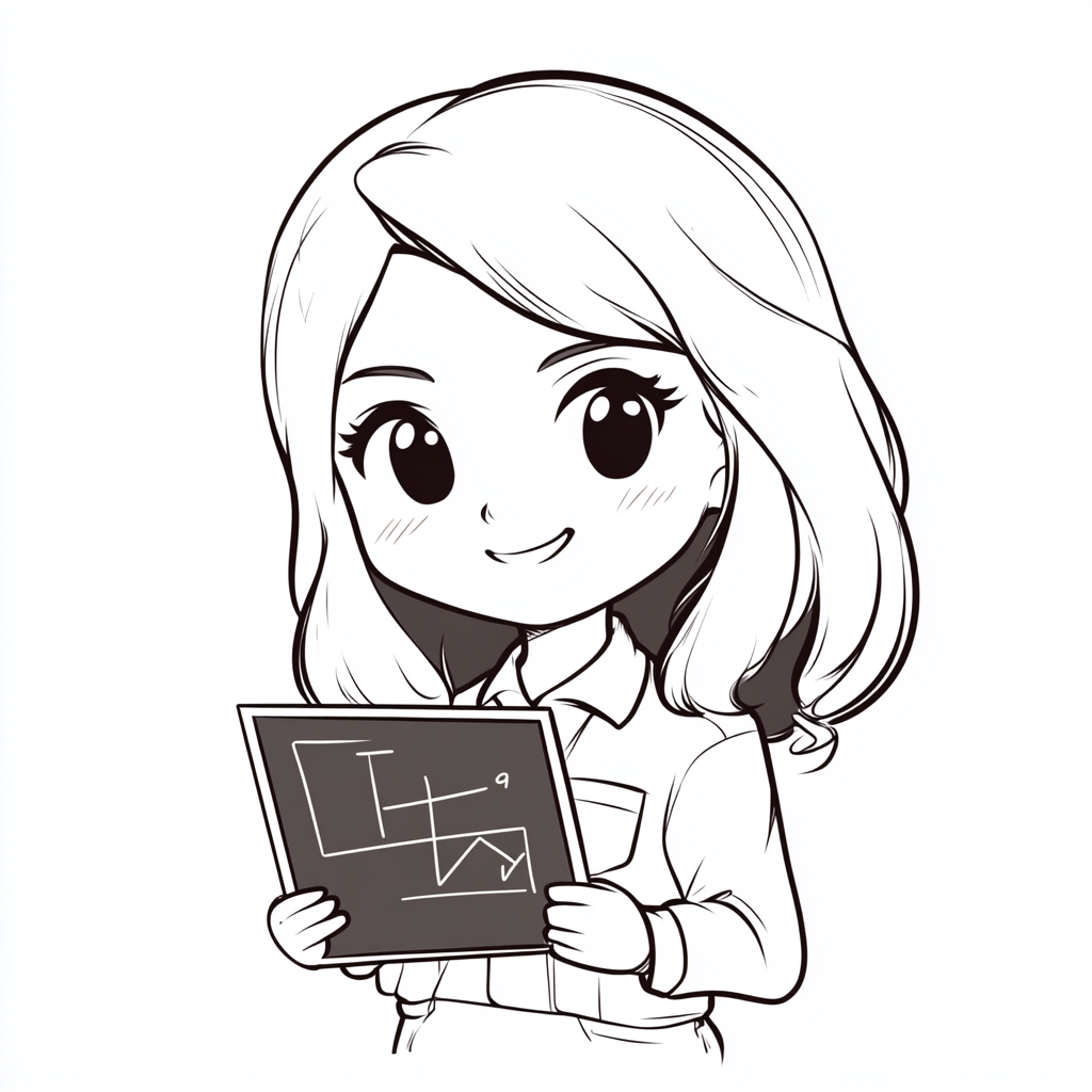 Chibi-style math teacher with shoulder-length hair holding blackboard.