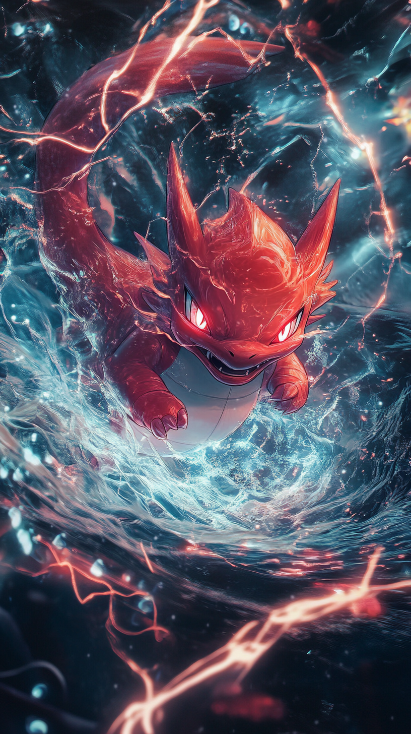 Chibi-style red Gyarados emerging from enchanted water vortex.