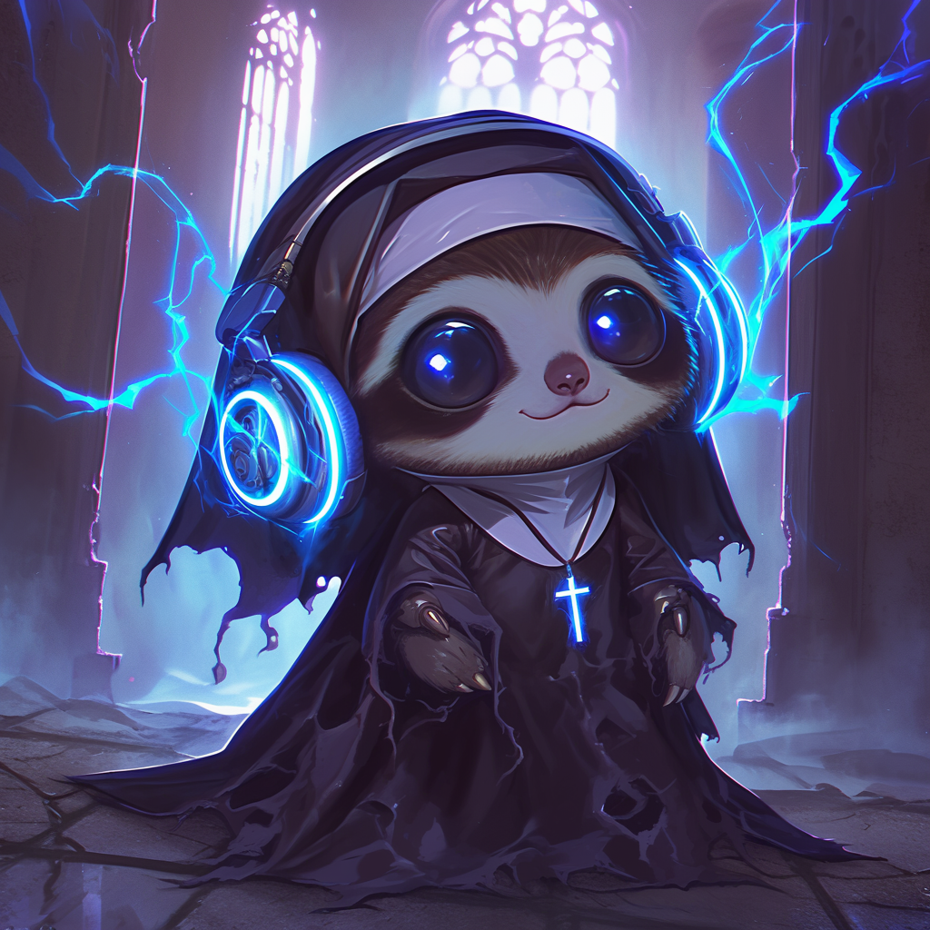 Chibi-style sloth Halloween hacker in spooky church.