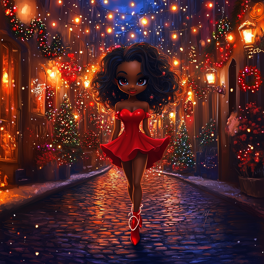 Chibi style woman in red dress at Christmas