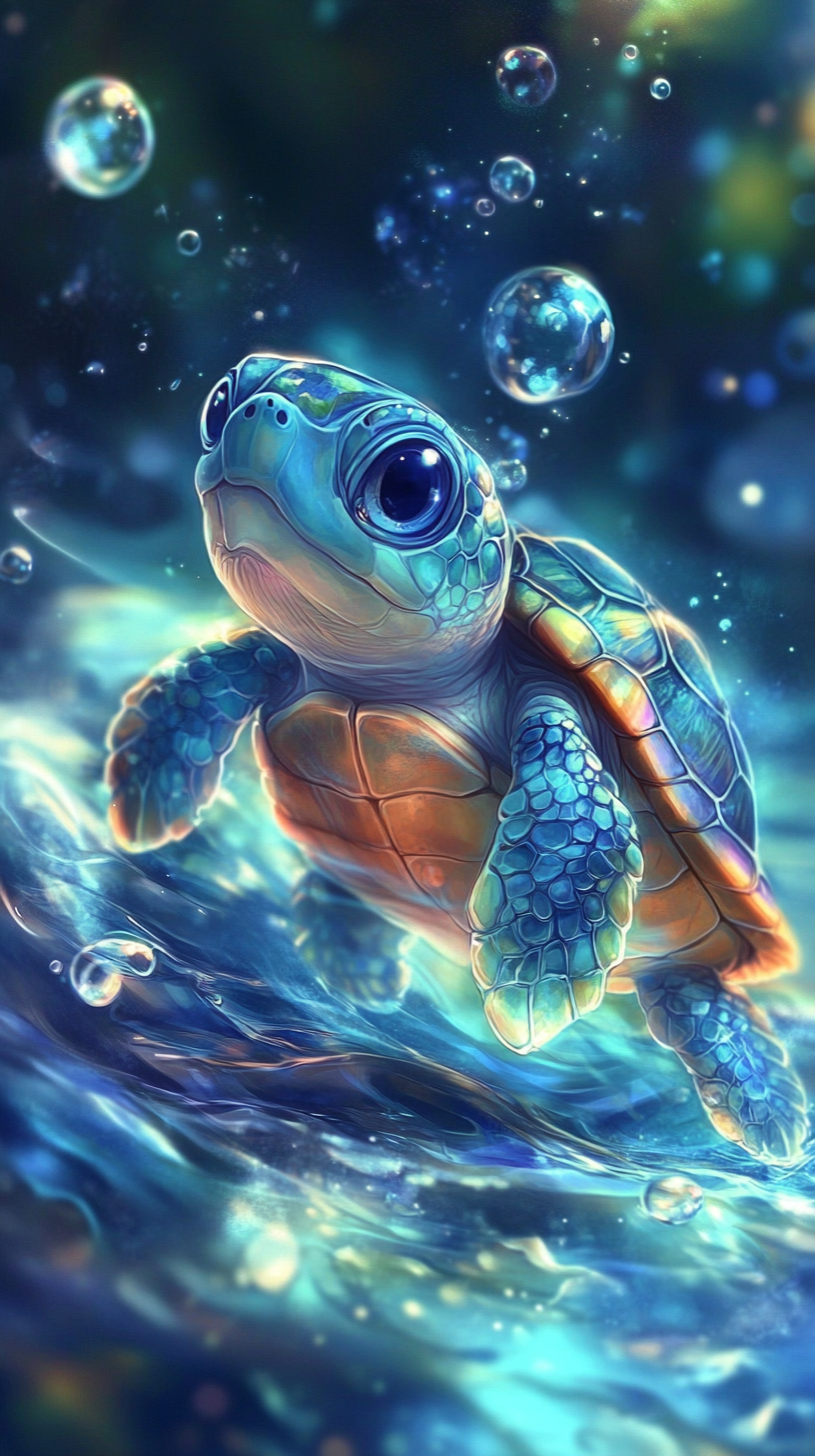 Chibi tortoise with water powers, sparkling shell like a crystal lagoon, surrounded by miniature waves.