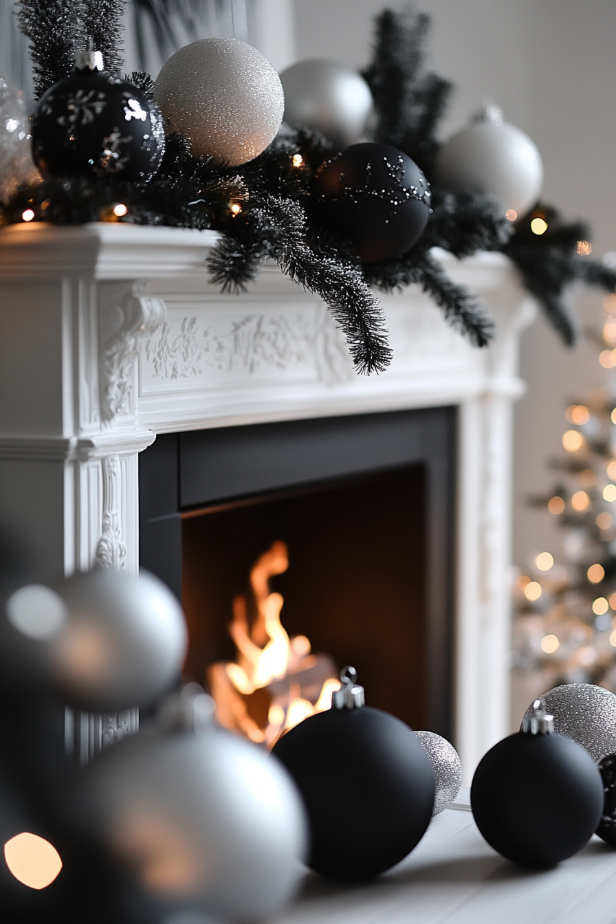 Chic Black and White Holiday Decor Fireplace