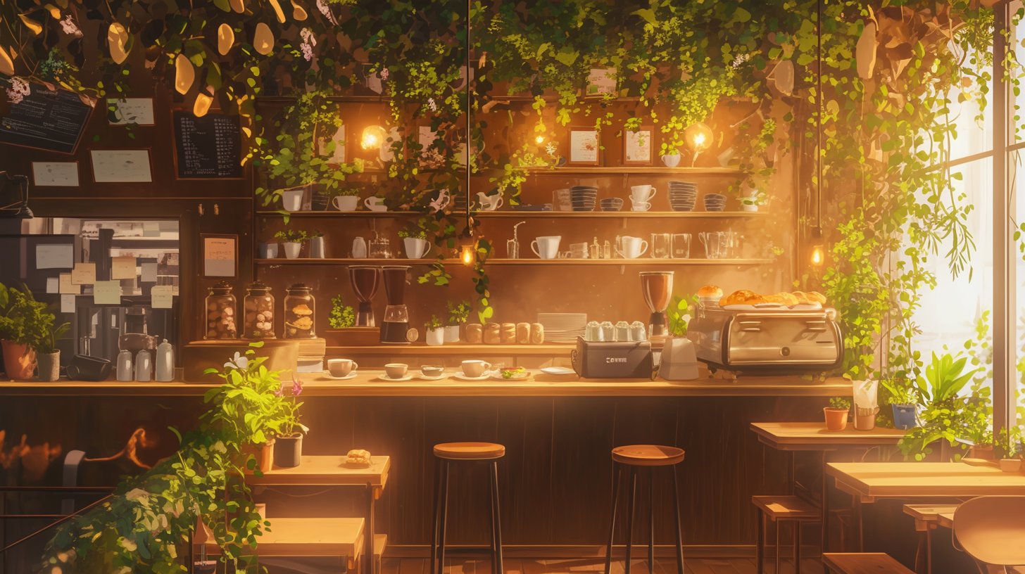 Chic Coffee Shop Interior with Greenery and Pastries