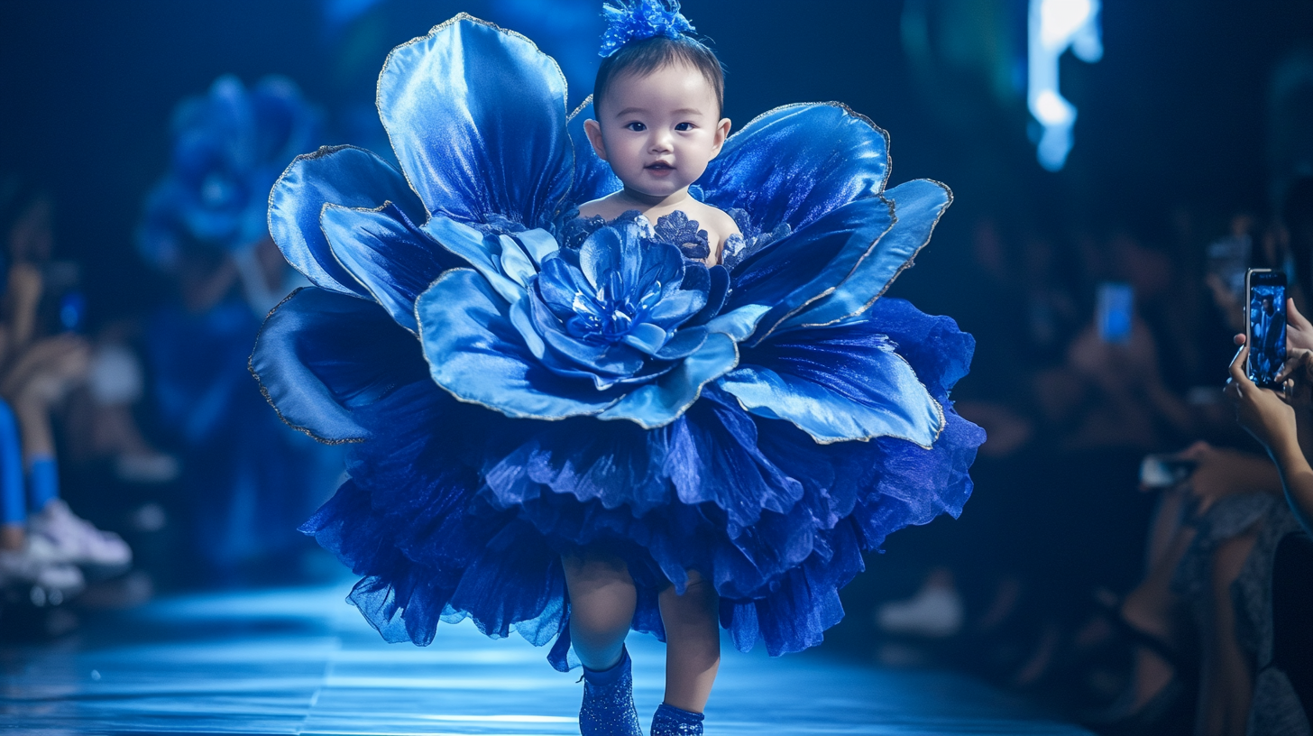 Chic baby struts in blue flower fashion show.