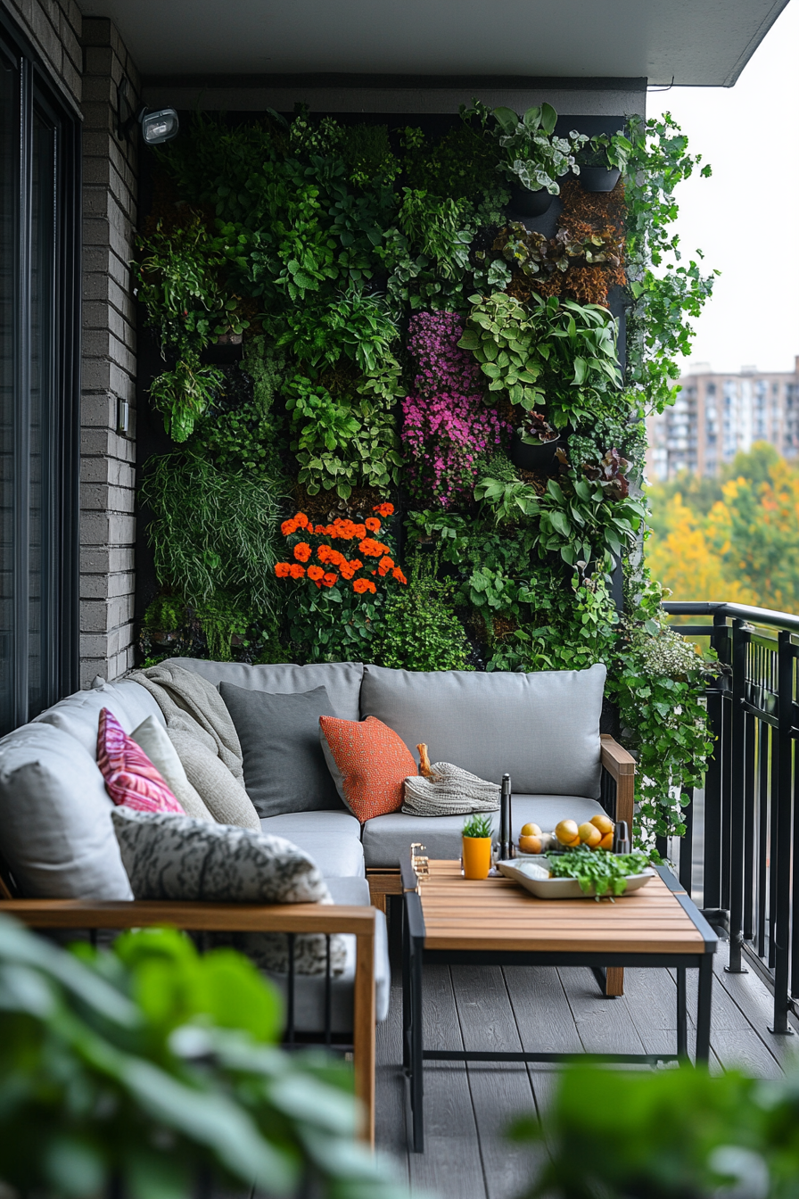 Chic balcony with stylish furniture, vertical garden wall.