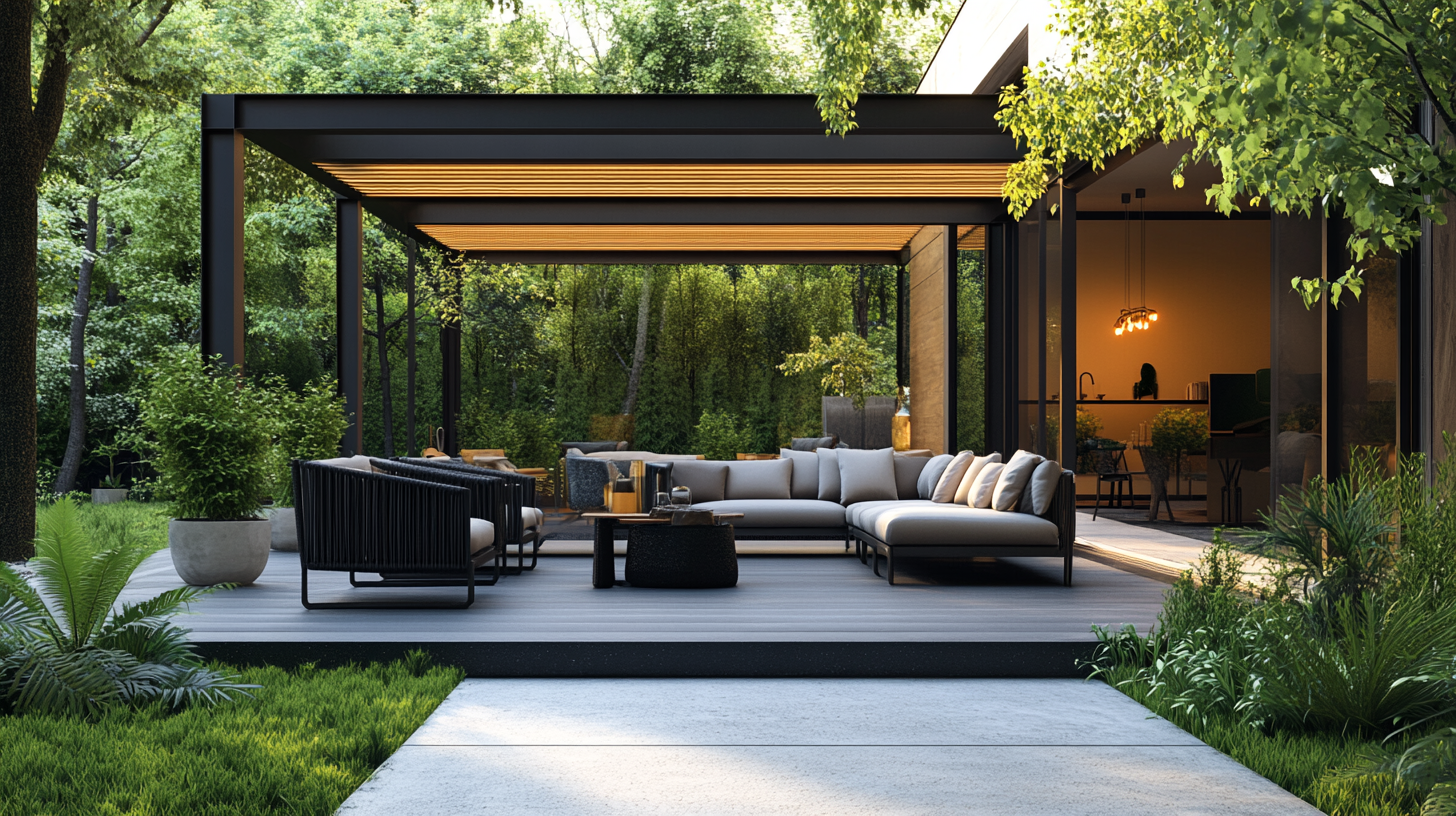 Chic patio with modern furniture, metallic frames, minimalistic planters.