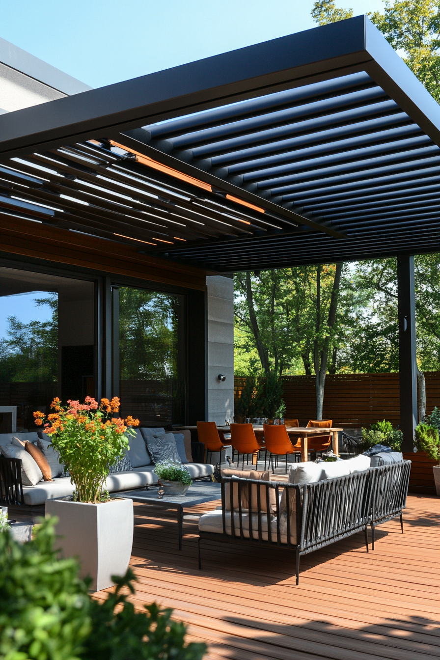 Chic patio with modern furniture and metallic frames