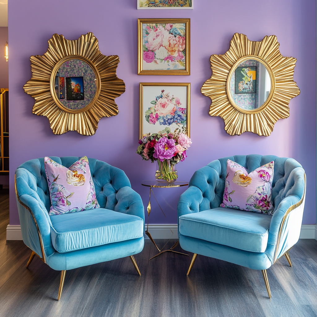 Chic sitting room with lavender walls, floral art, chairs.