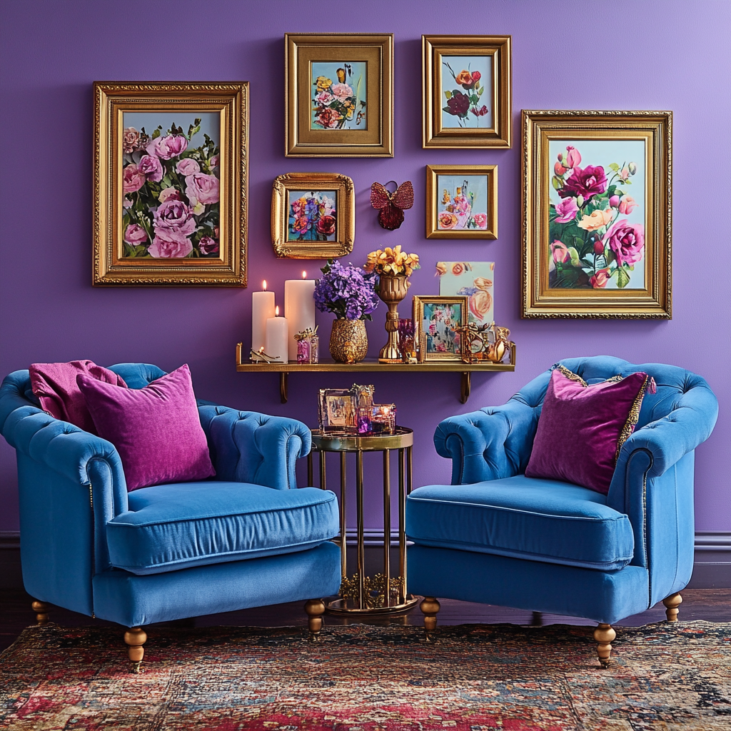 Chic sitting room with lavender walls and artwork.