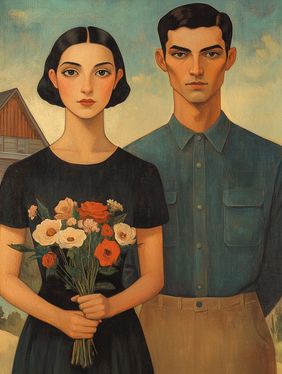 Chic young hipster couple in modern American Gothic.