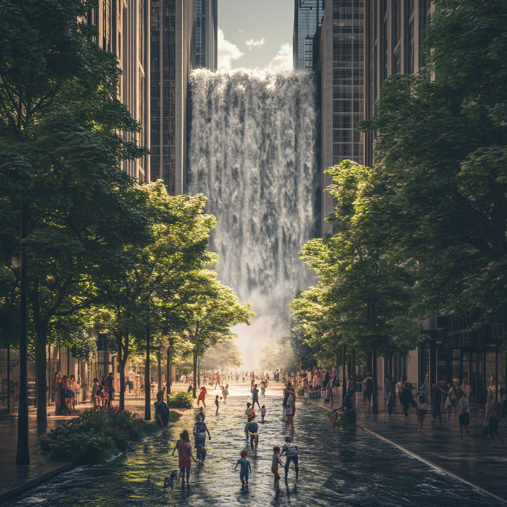 Chicago 2024: Realistic City View with 3D Waterfall