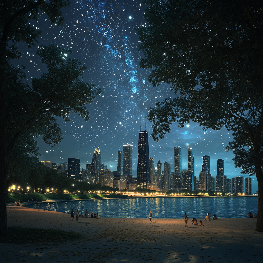 Chicago City View 2024: Realistic 3D Render with People and Stars