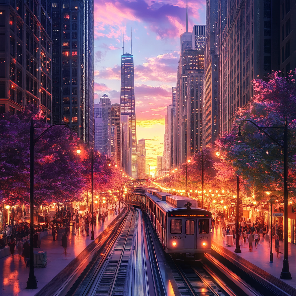 Chicago in 2024: Realistic City View with Sunset Train Station