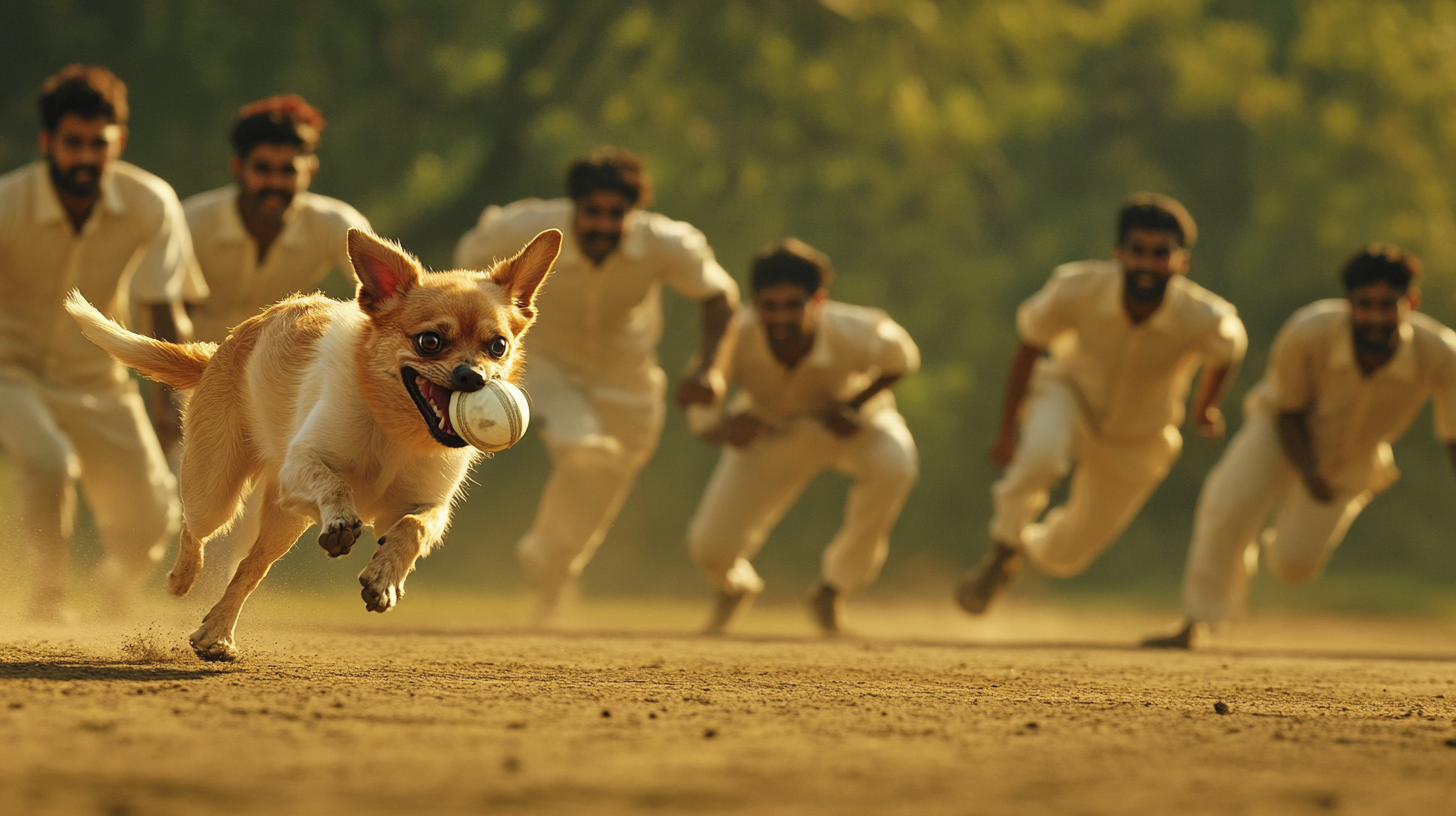 Chihuahua dog running across cricket field with ball, players chasing.