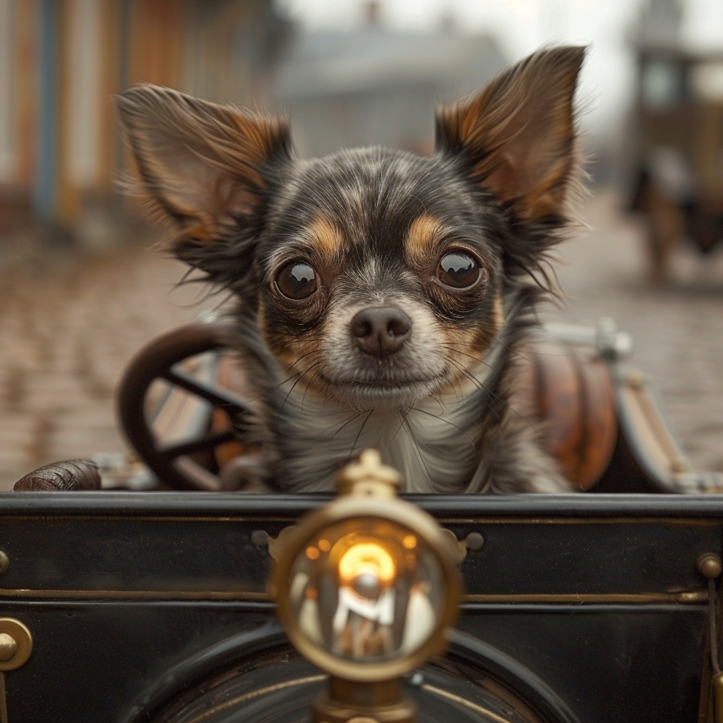 Chihuahua in vintage car with determined gaze.