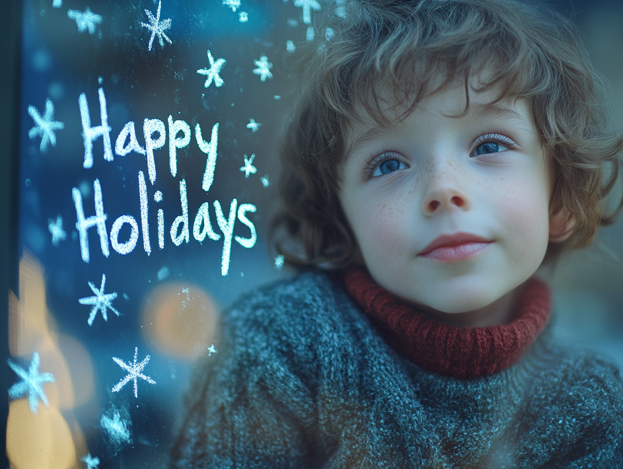 Child's Handwritten 'Happy Holidays' on Winter Window