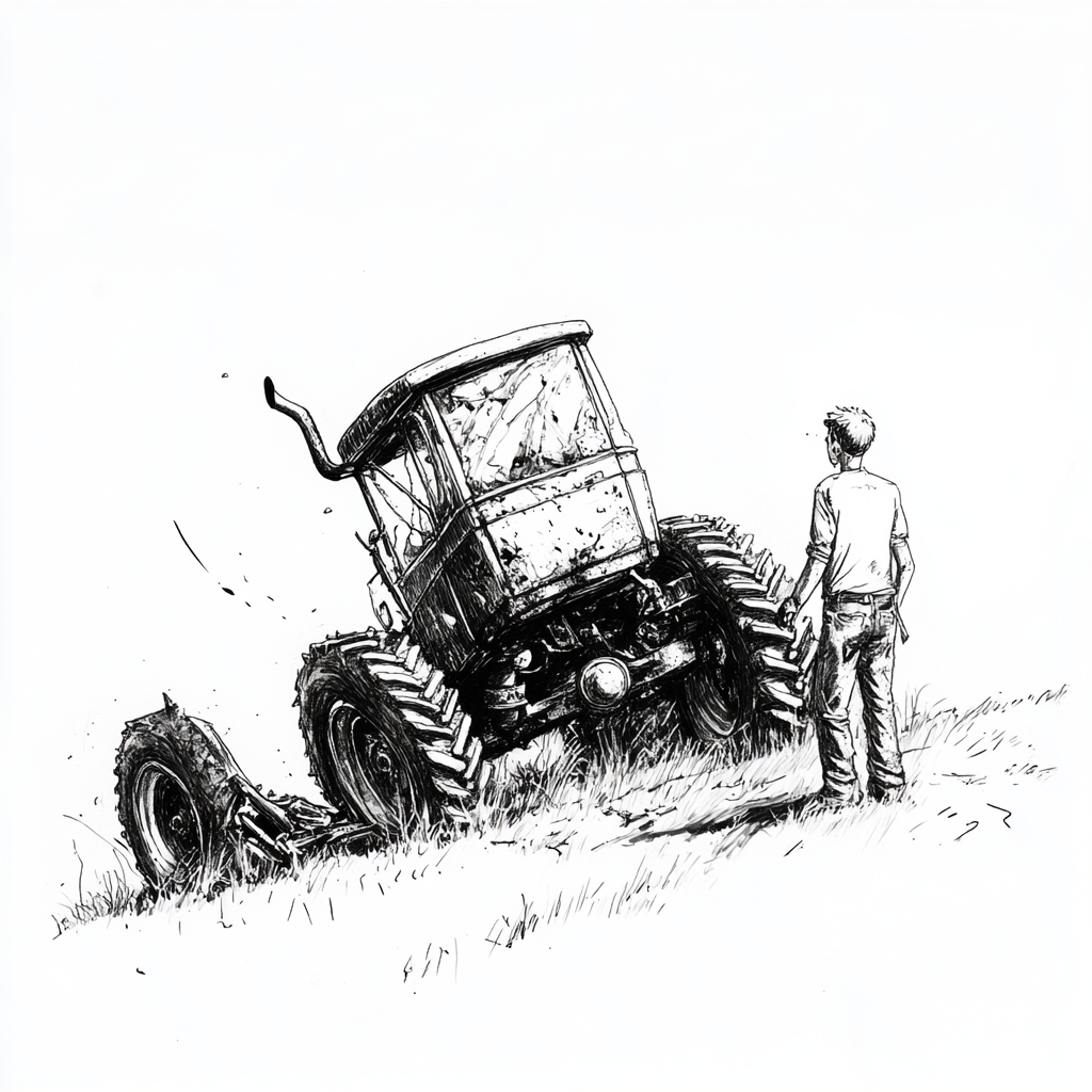 Child's black and white drawing: Old tractor overturned, wheel driving away, farmer and modern farmer.