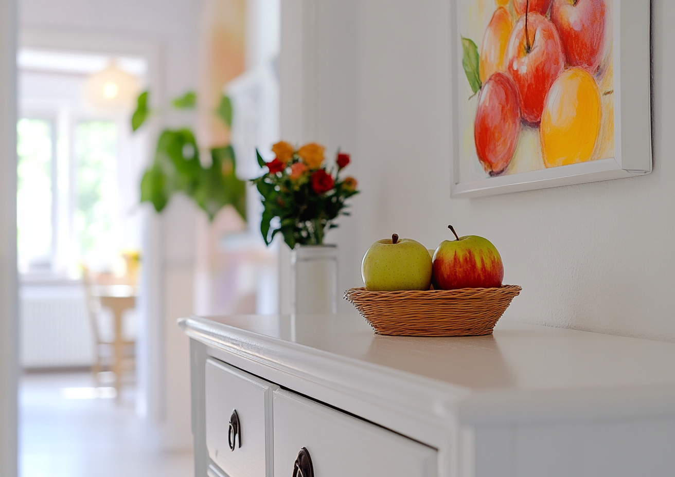 Child's drawing of apples and honey above white dresser.