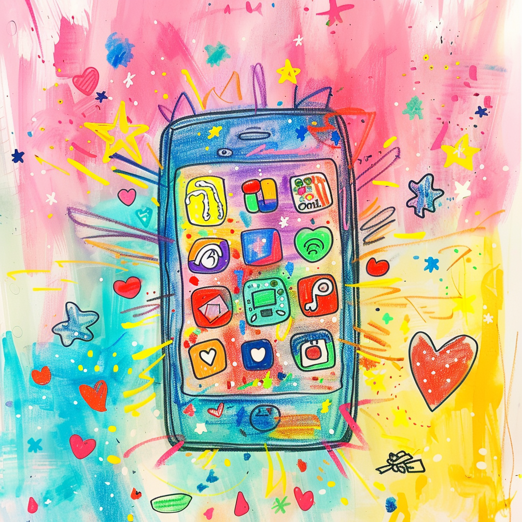 Child's drawing of smartphone with animal-shaped apps.