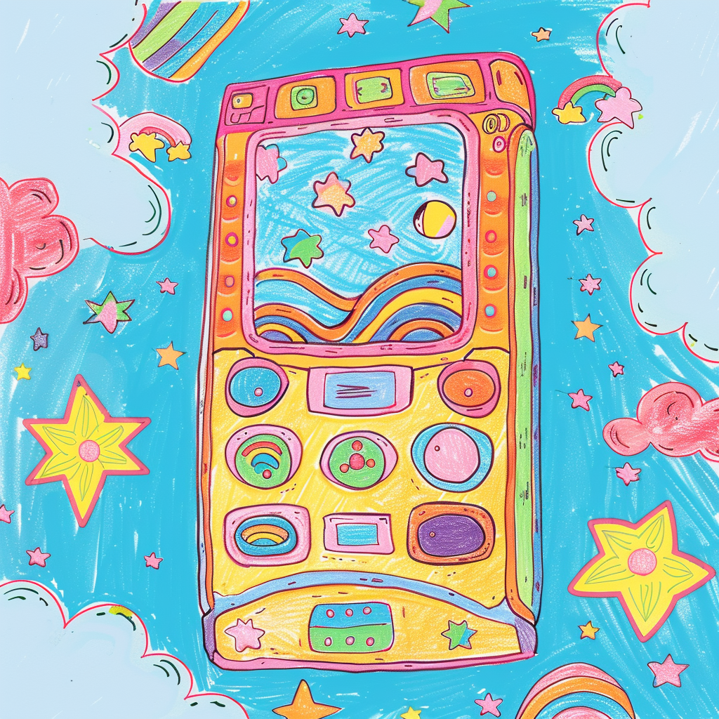 Child's drawing of smartphone with colorful buttons, Japanese pattern.