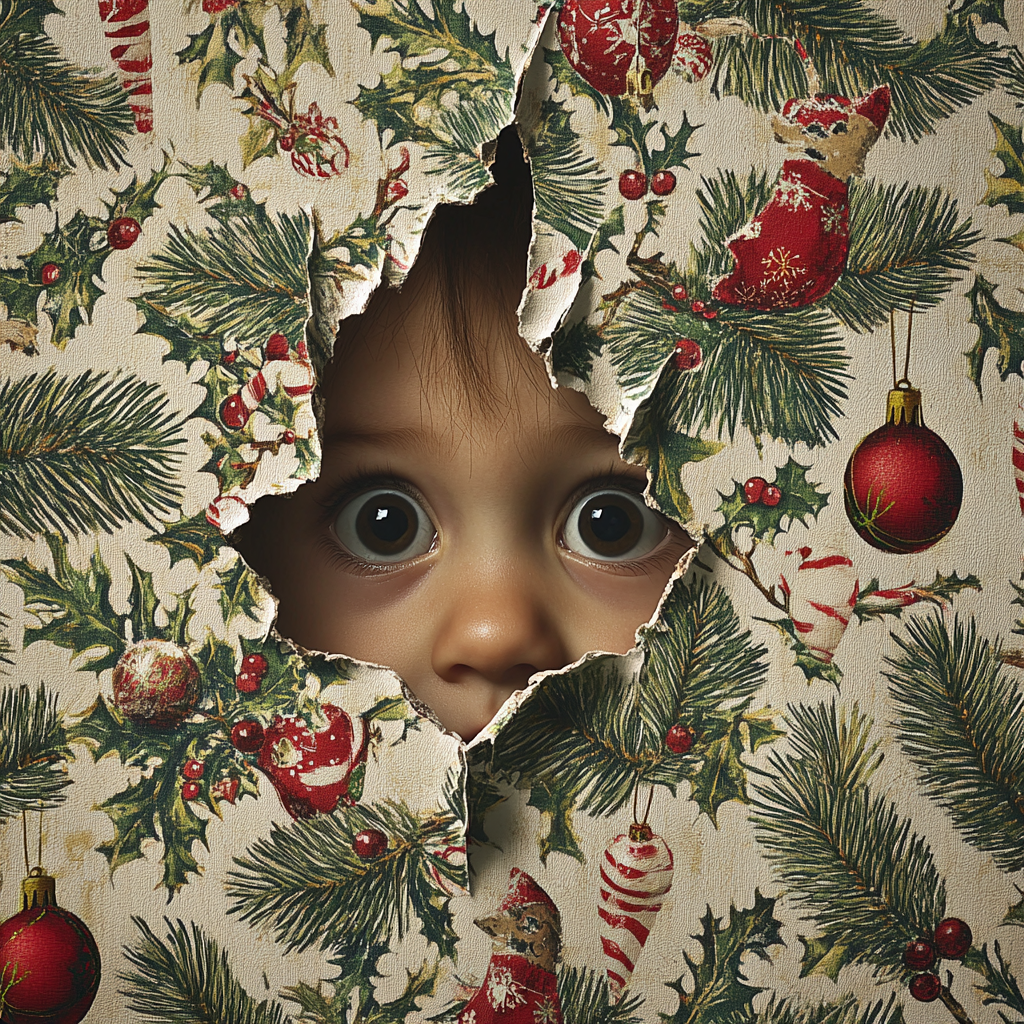 Child's eyes peek through torn Christmas wallpaper