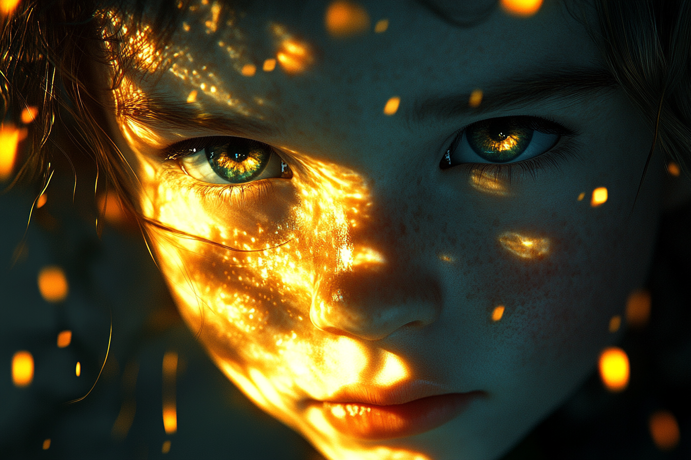 Child's face glowing with golden light, shadows retreat, cinematic lighting.