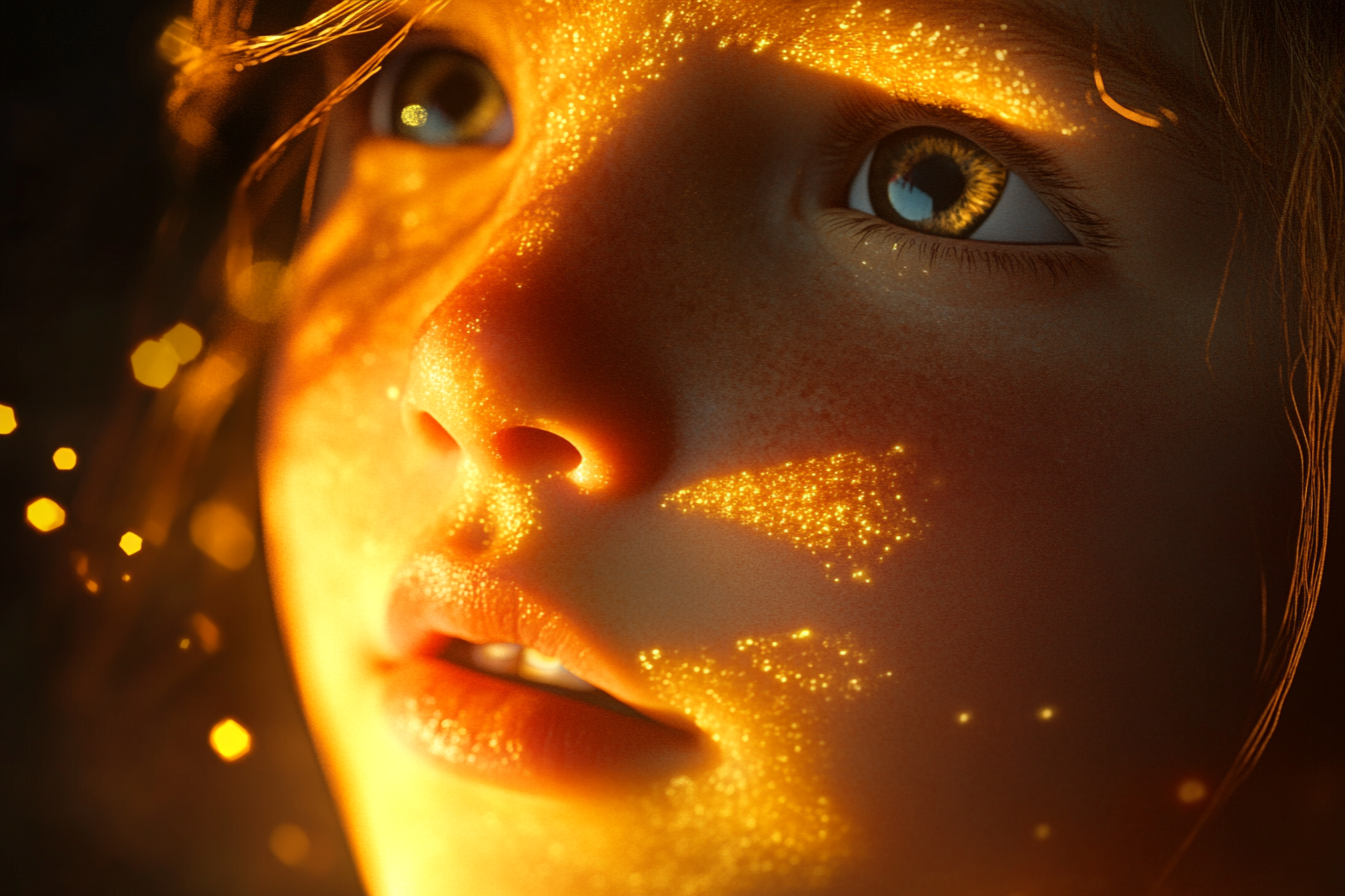 Child's face glowing with golden light, shadows retreat.