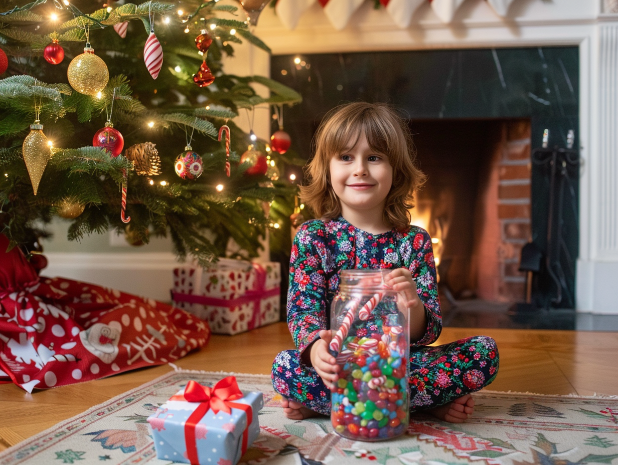 Child Opens Christmas Gift by Cozy Fireplace