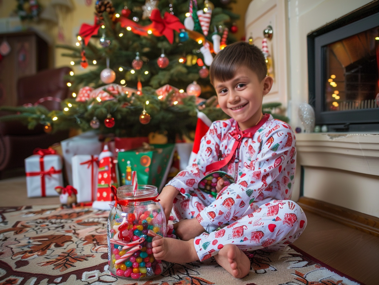 Child Unwrapping Christmas Gift by Cozy Fireplace