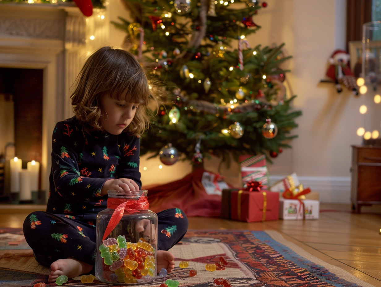 Child Unwraps Candy Jar by Decorated Christmas Tree