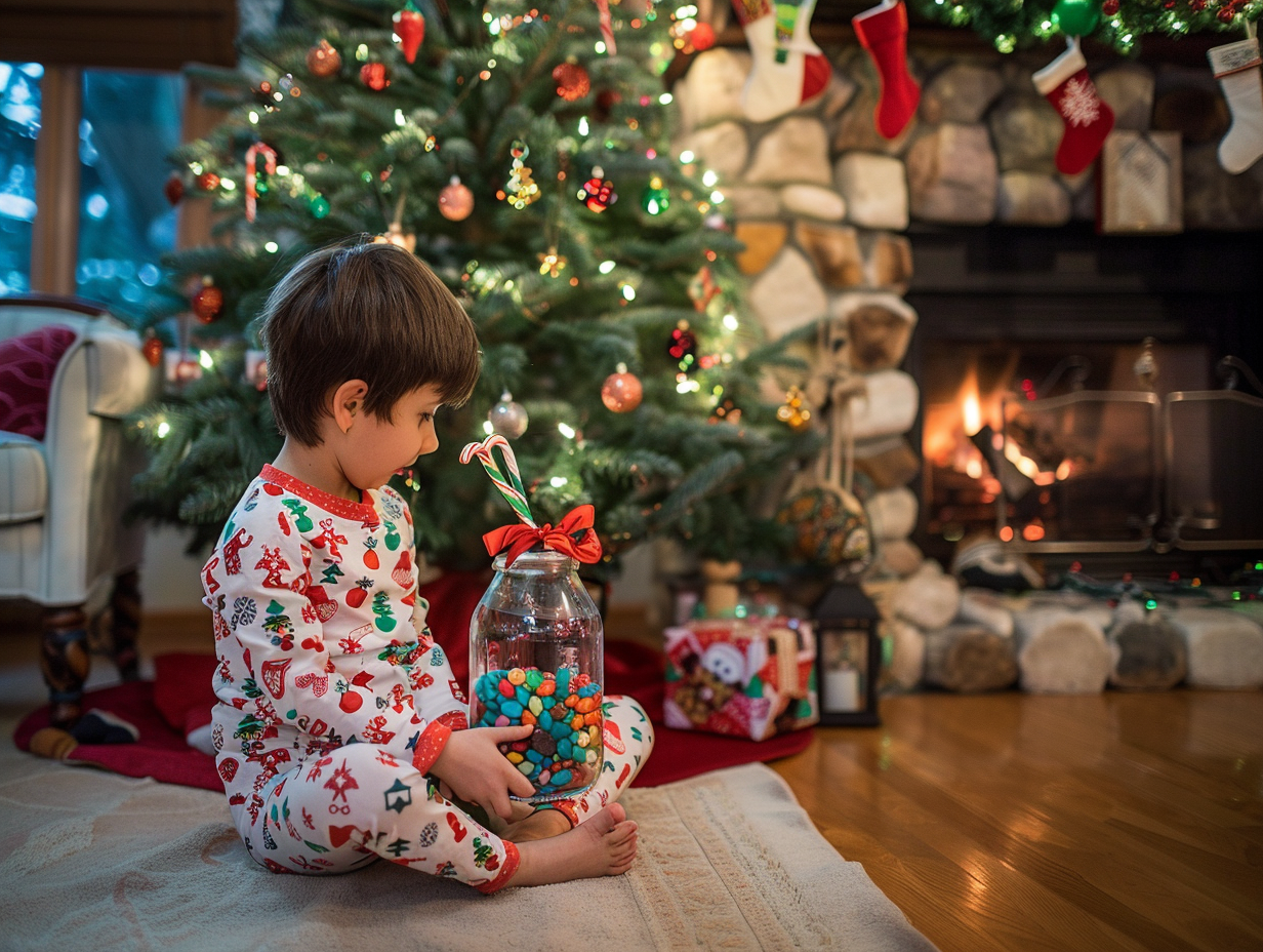 Child Unwraps Christmas Gift Beside Polish Decorated Tree