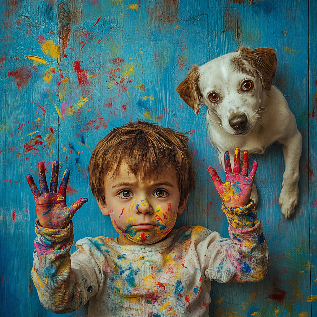 Child and dog covered in finger paint art