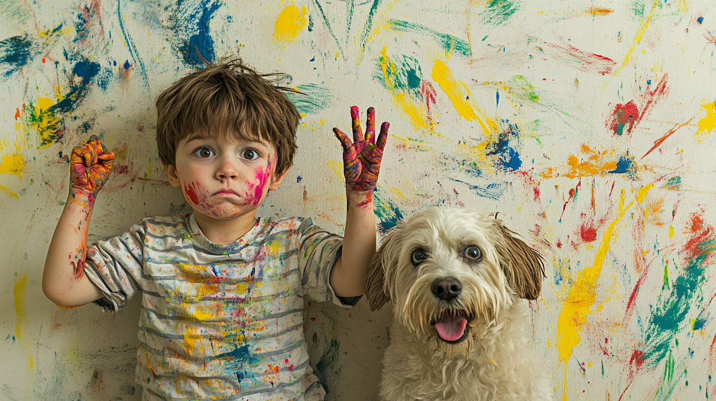 Child and dog making a mess with paint