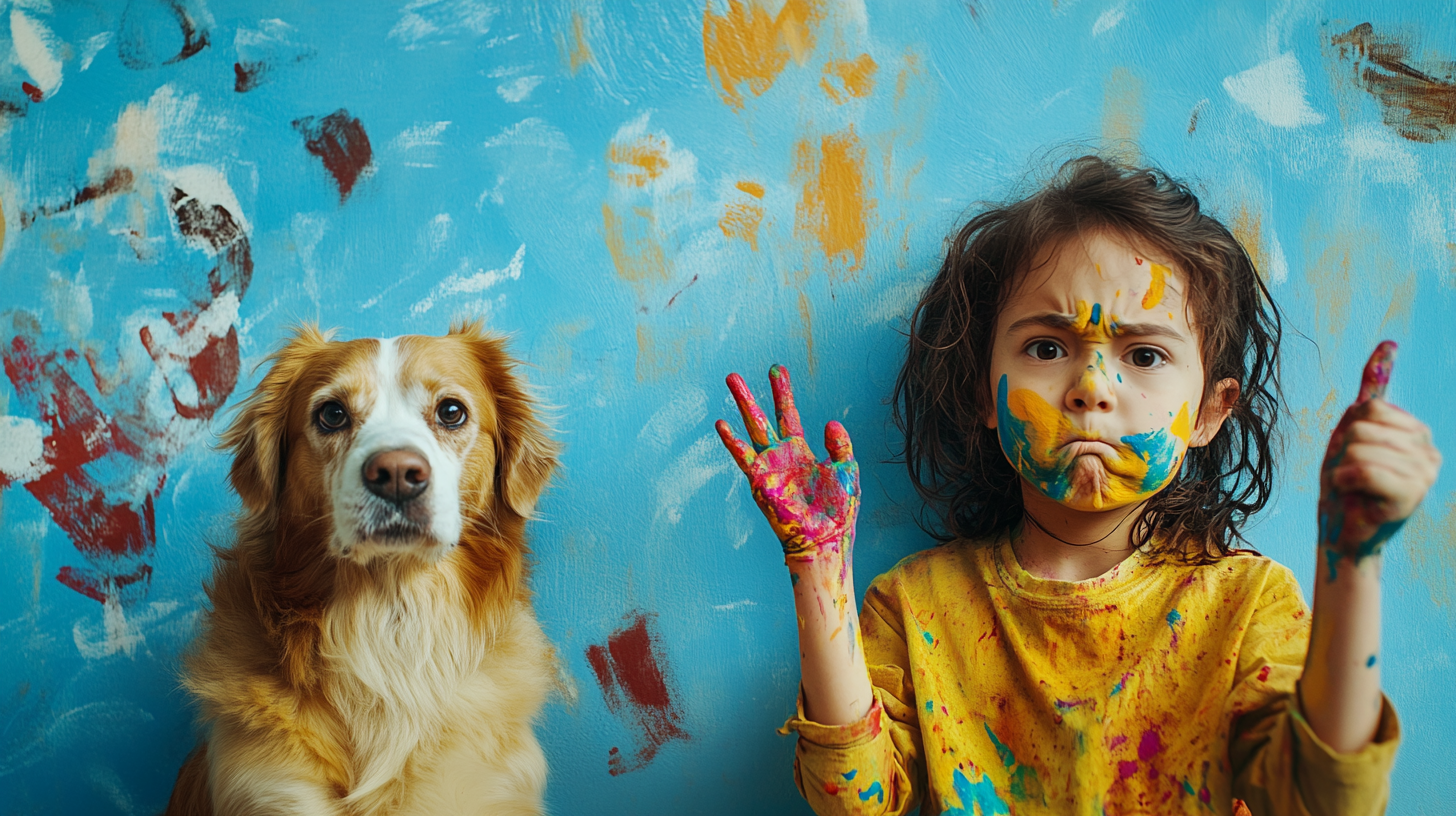 Child and dog paint wall with drawings