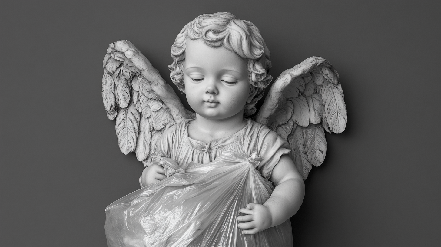 Child angel on gray background with garbage bag.