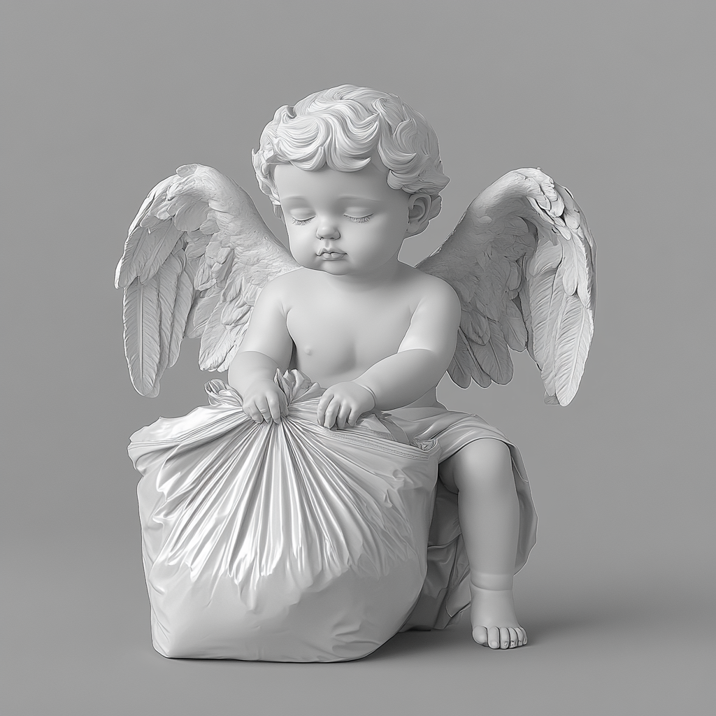 Child angel with garbage bag, eyes closed, high quality.