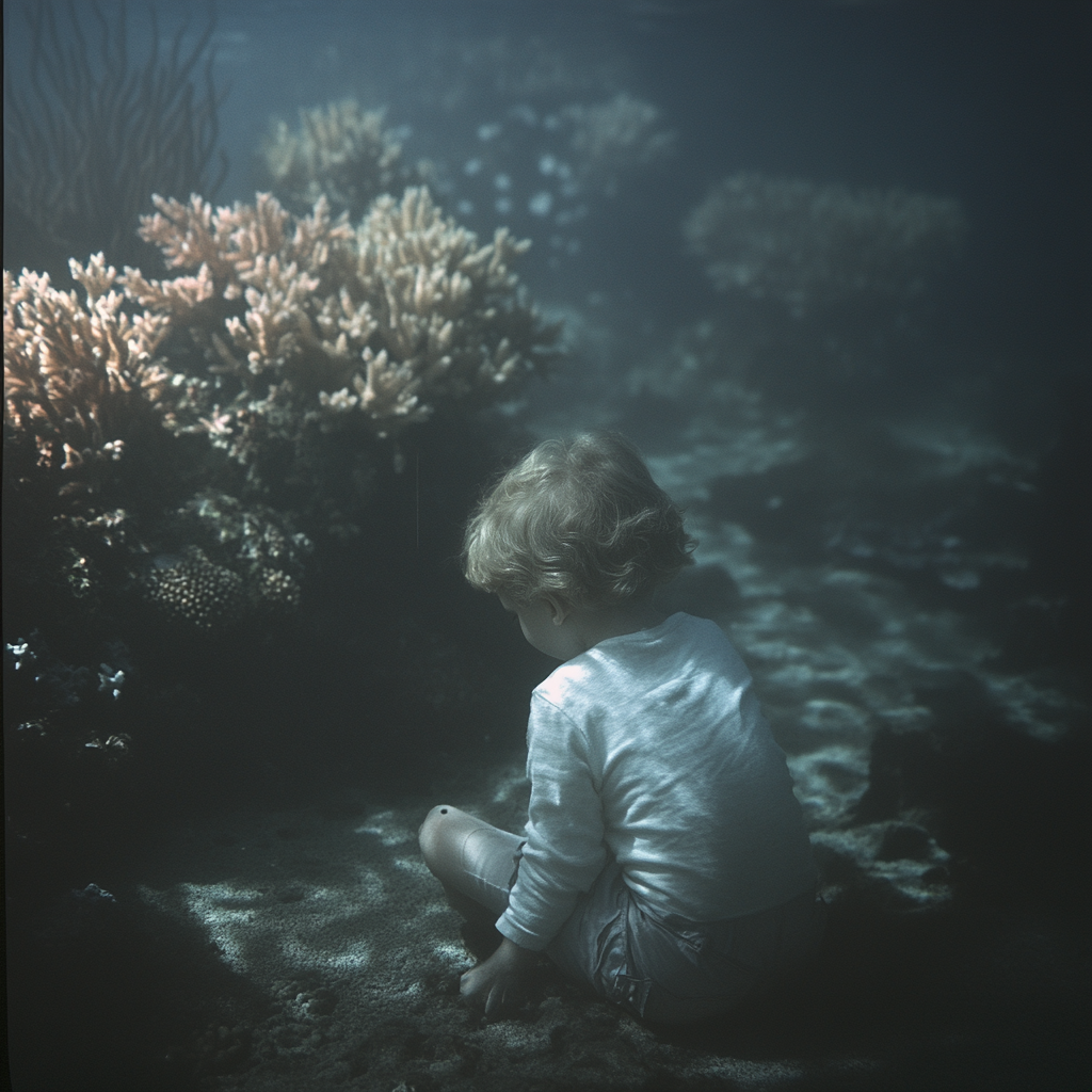 Child at bottom of ocean, coral reefs, soft lighting.