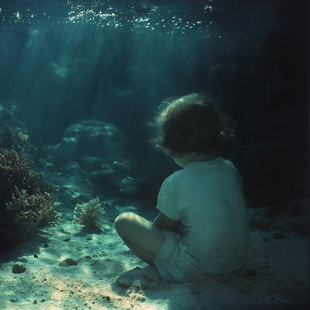 Child at ocean bottom beholding coral reefs, soft melancholy.