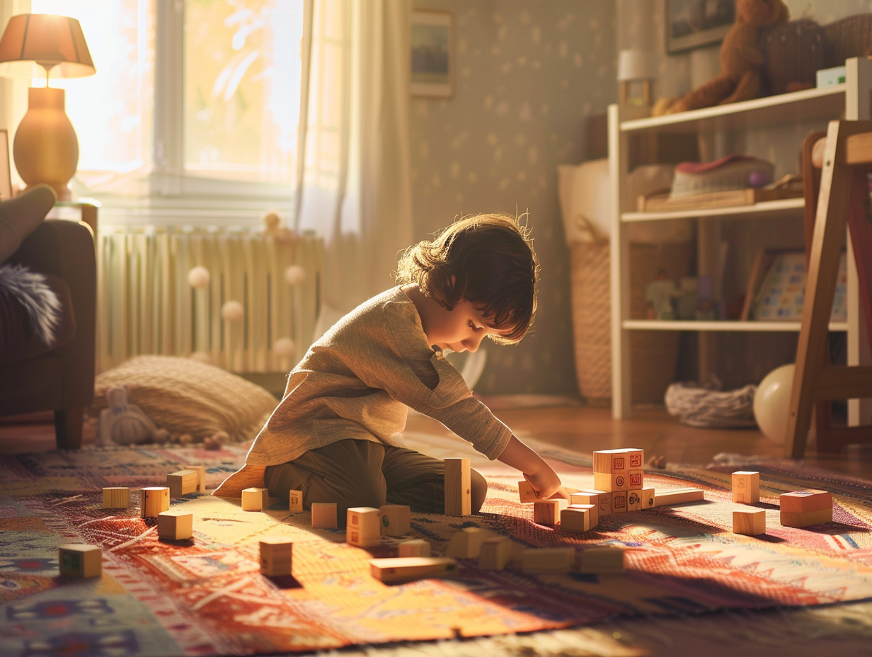 Child building with wooden blocks in cozy room