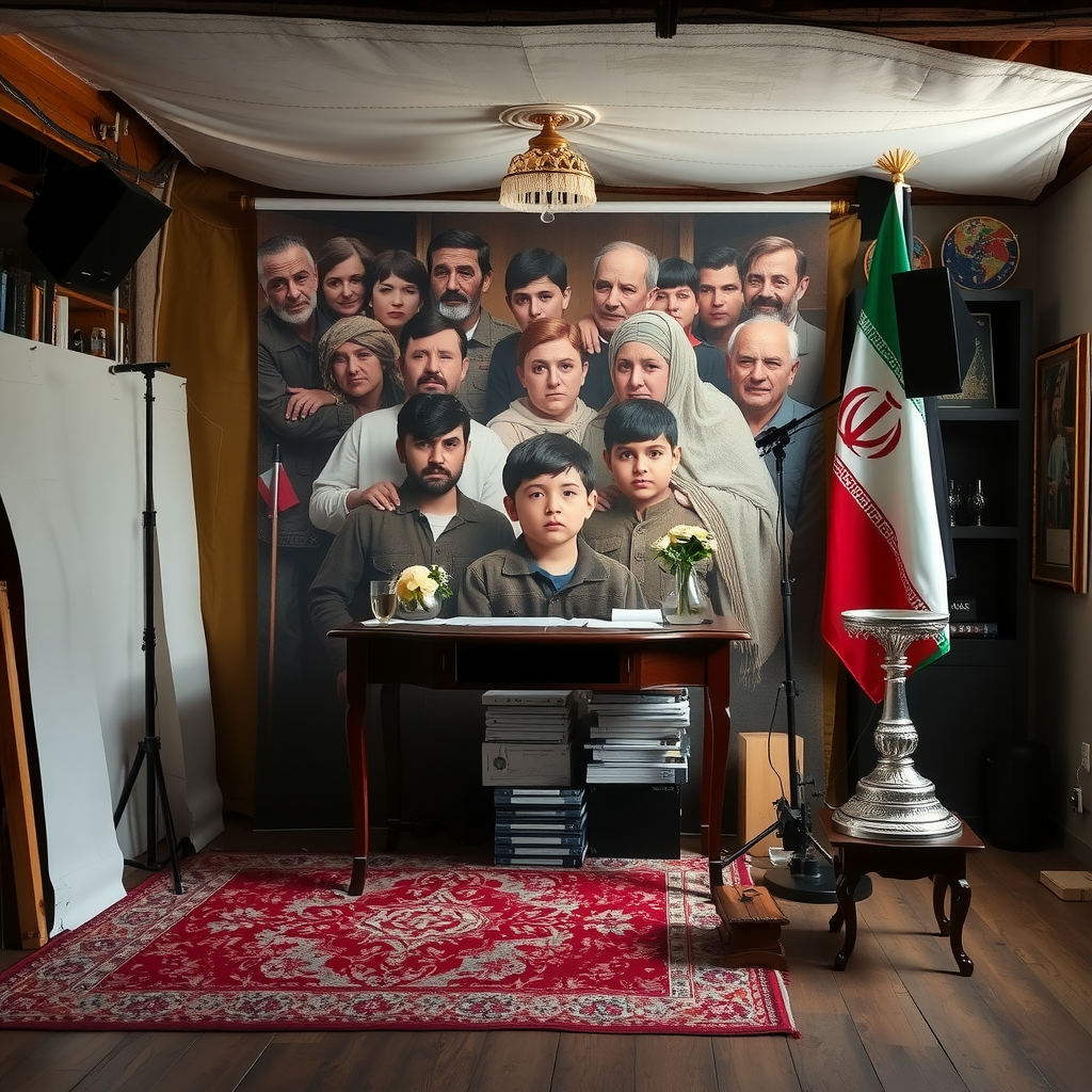 Child by table with martyr picture and flags.