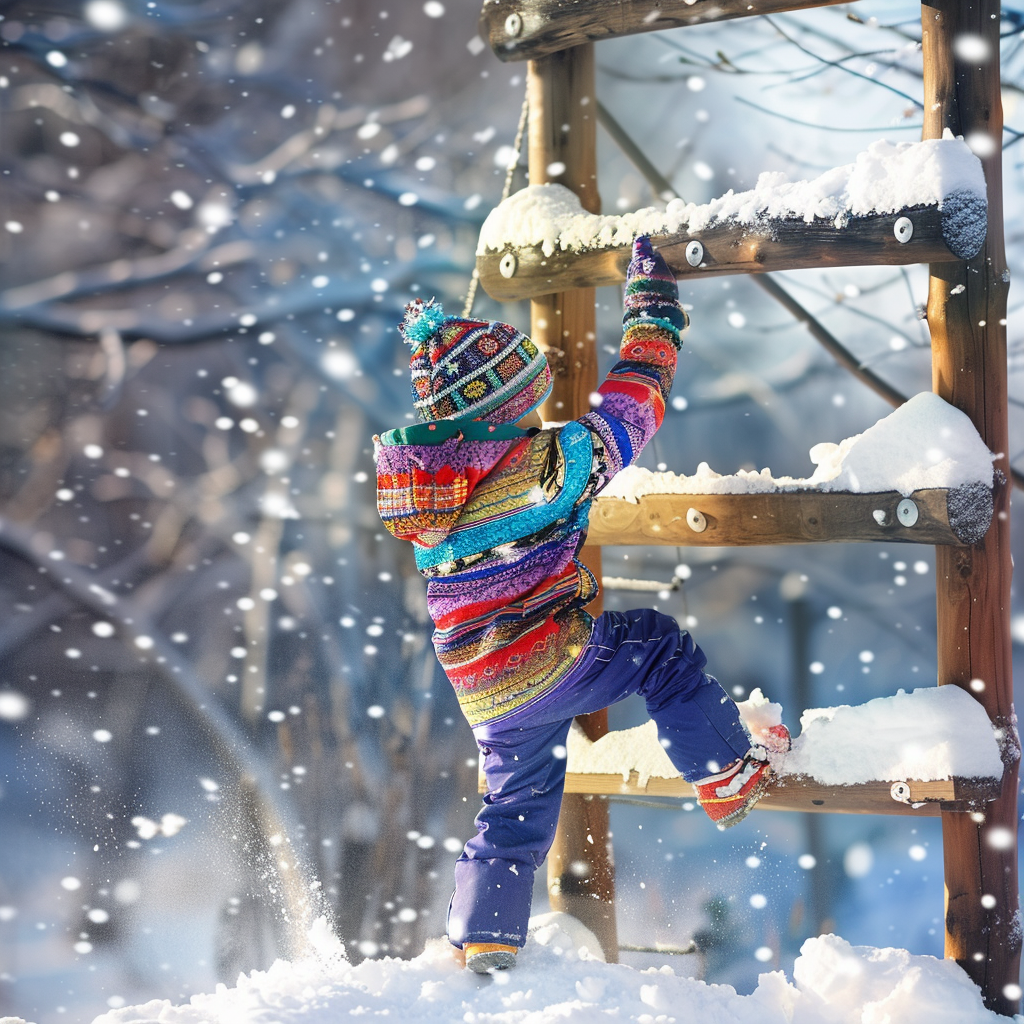 Child climbs snowy playground in bright winter clothes.