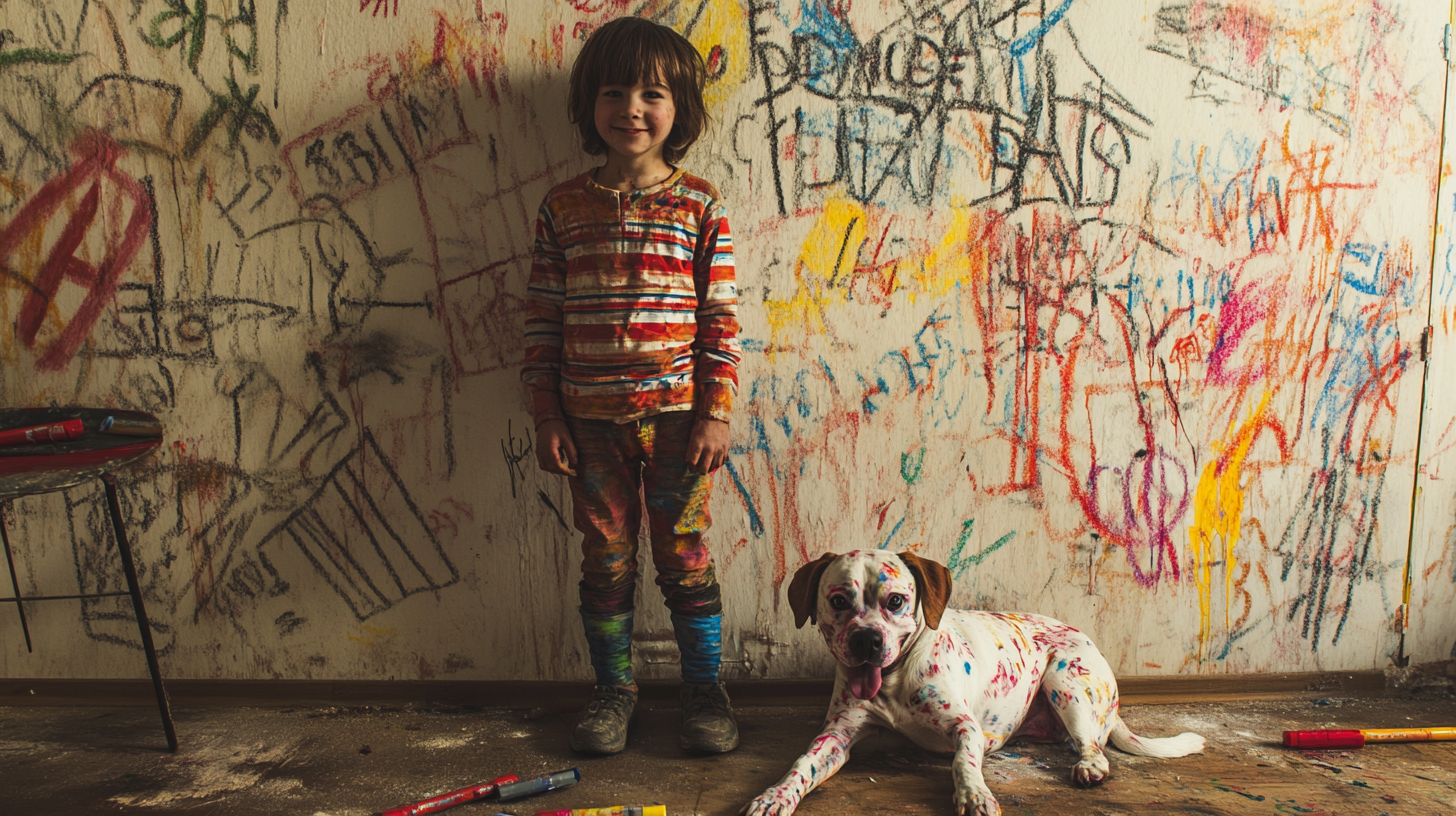 Child draws on wall with dog, caught on camera