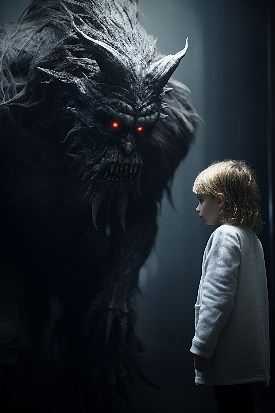 Child facing scary demon in photorealistic, surrealistic image.