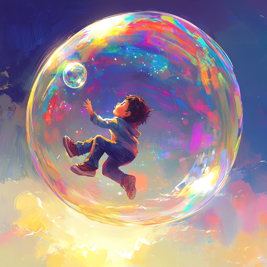 Child floats on giant colorful gum bubble