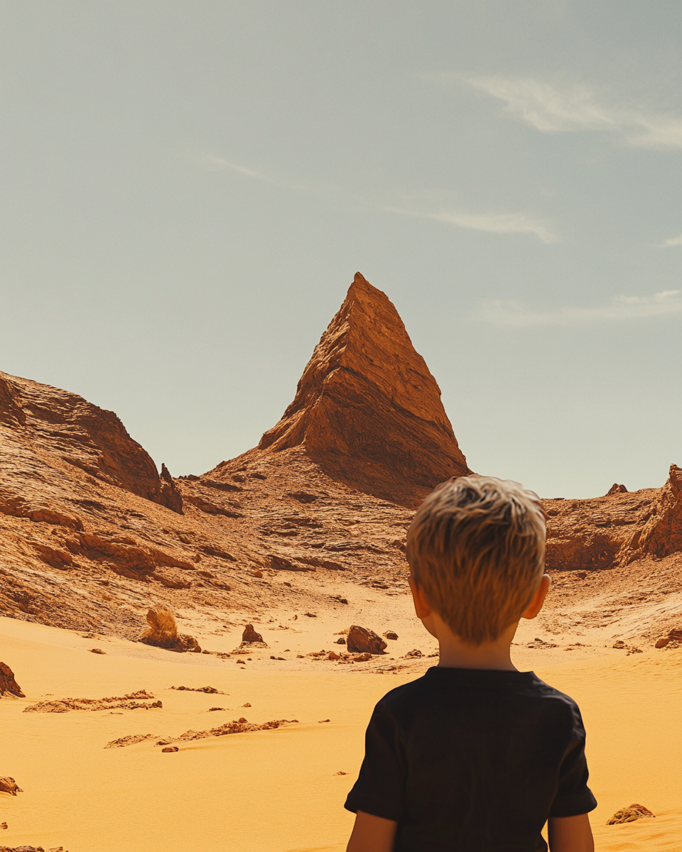 Child gazing at desert mountain through Sony camera lens.