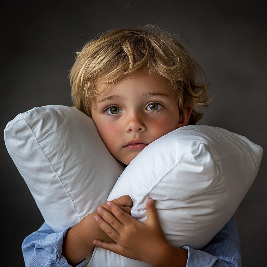 Child holding white pillows, studio portrait with warm tones.